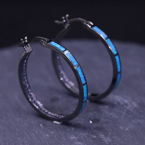 Black and Turquoise Blue Opal Hoop Earrings Hoops Rhinestone Crystal Channel New - Picture 8 of 11